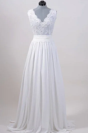 Wedding Dresses with Sheer Sleeve and Sequined Cuffs and Bow at the Waist and Embroidered Skirt and Belt for an Elegant and Intricate LookA-Line Sleeveless V-Neck Chiffon Dress With Lace Bodice and Cinched Waistband Wedding Dresses with Sheer Sleeve and Sequined Cuffs and Bow at the Waist and Embroidered Skirt and Belt for an Elegant and Intricate LookA-Line Sleeveless V-Neck Chiffon Dress With Lace Bodice and Cinched Waistband