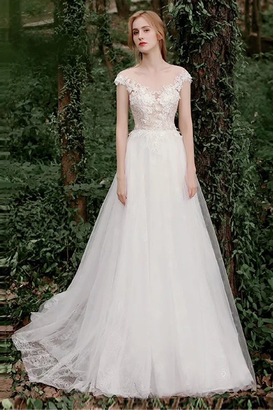 Wedding Dresses with Sequined Geometric Shapes and Lace and Chiffon Blend and Ruffled Sleeves and Belt and Embroidered Skirt for a Modern and Dramatic LookA-Line Sweep-Brush Train Lace Tulle Wedding Dress CW2727 Wedding Dresses with Sequined Geometric Shapes and Lace and Chiffon Blend and Ruffled Sleeves and Belt and Embroidered Skirt for a Modern and Dramatic LookA-Line Sweep-Brush Train Lace Tulle Wedding Dress CW2727