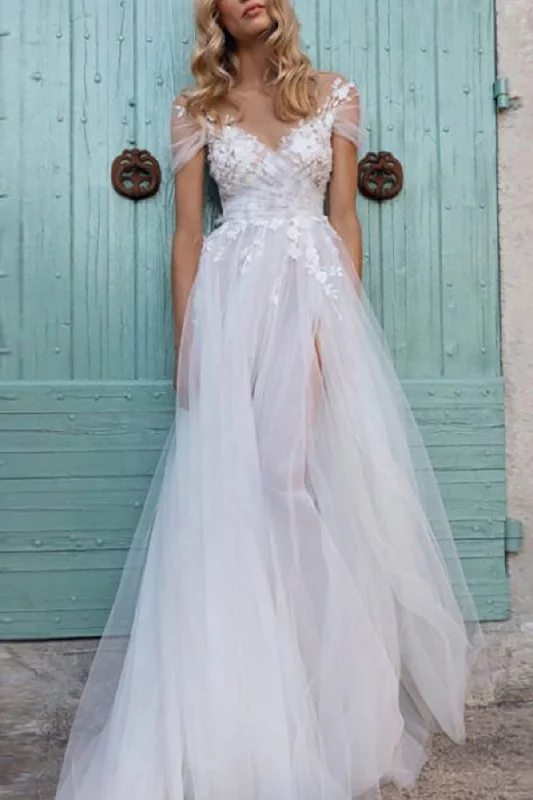 Wedding Dresses with Tulle Overlay and Beaded Bodice and High Low Hem and Embroidered Birds for a Dramatic and Graceful LookA-Line Sweep-Brush Train Lace Tulle Wedding Dress CW3118 Wedding Dresses with Tulle Overlay and Beaded Bodice and High Low Hem and Embroidered Birds for a Dramatic and Graceful LookA-Line Sweep-Brush Train Lace Tulle Wedding Dress CW3118