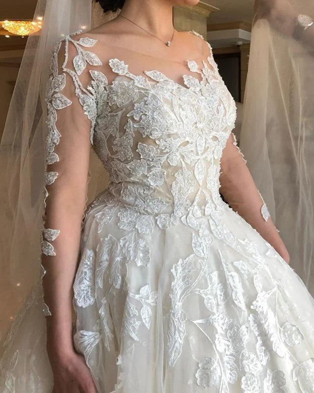Wedding Dresses with Sequined Dots and Sheer Skirt for a Playful and Sultry Look3/4 Lace Sleeves Wedding Dress Princess With Sheer Neck Wedding Dresses with Sequined Dots and Sheer Skirt for a Playful and Sultry Look3/4 Lace Sleeves Wedding Dress Princess With Sheer Neck