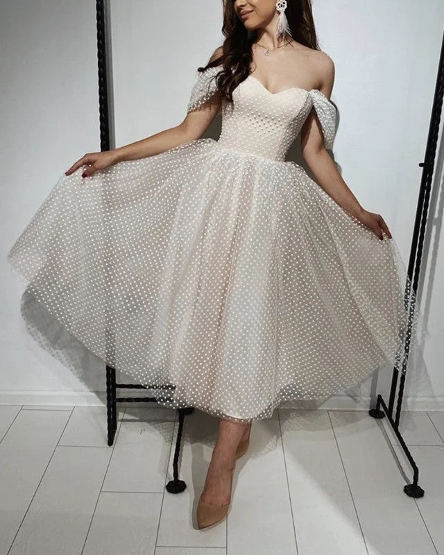 Wedding Dresses with Sequined Hearts and Satin and Lace Combination and Bow at the Waist for a Valentine's Day Wedding RomanceTea Length Wedding Dress Tulle Off The Shoulder Wedding Dresses with Sequined Hearts and Satin and Lace Combination and Bow at the Waist for a Valentine's Day Wedding RomanceTea Length Wedding Dress Tulle Off The Shoulder