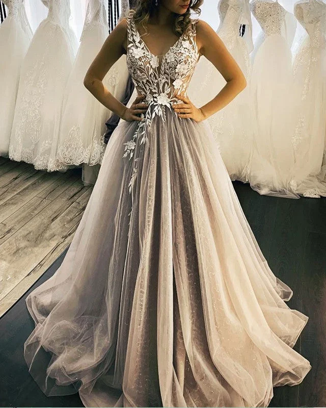 Mesh Paneled Wedding Dresses with Beaded Appliques for a Modern EdgeTulle V Neck Wedding Dress Ivory Lace Embroidery