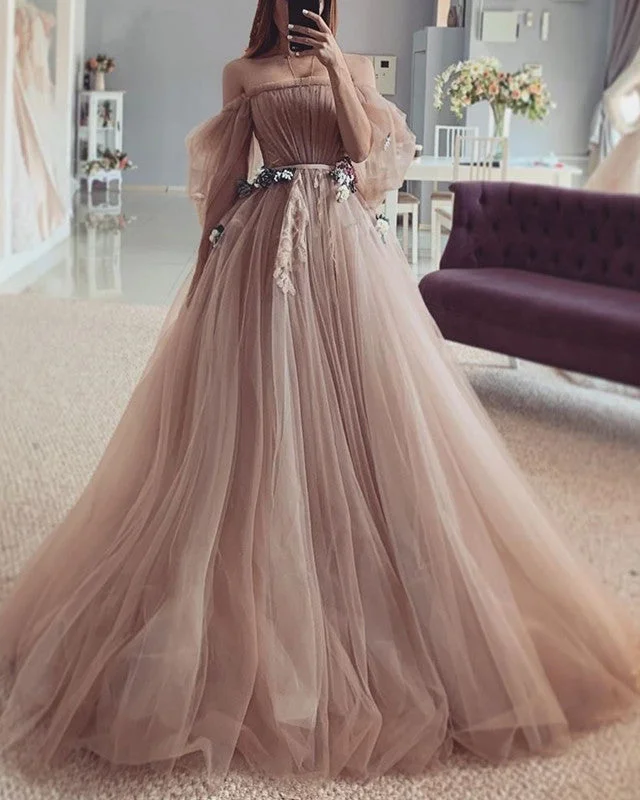 Princess Style Wedding Dresses with Tulle Overlay and Floral EmbroiderySleeved Tulle Wedding Dress Off The Shoulder Princess Style Wedding Dresses with Tulle Overlay and Floral EmbroiderySleeved Tulle Wedding Dress Off The Shoulder