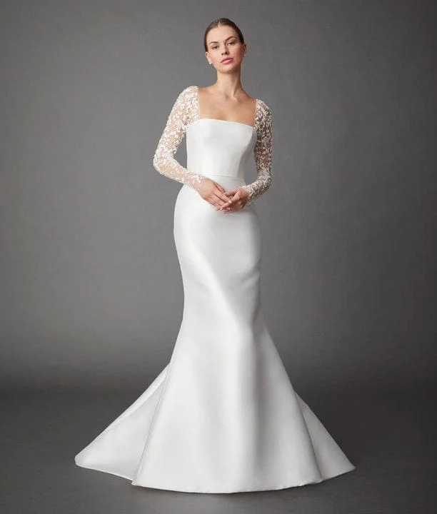 Wedding Dresses with Satin Trimmed Collar and Bow Back and Embroidered Skirt and Sequined Bodice and Belt and Embroidered Floral Patterns for a Classic and Glamorous LookAllison Webb Channing - Size 12