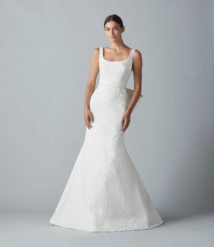 Wedding Dresses with Sequined Geometric Shapes and Lace and Chiffon Blend and Ruffled Sleeves and Belt and Embroidered Skirt for a Modern and Dramatic LookAllison Webb Claremont - Size 12 Wedding Dresses with Sequined Geometric Shapes and Lace and Chiffon Blend and Ruffled Sleeves and Belt and Embroidered Skirt for a Modern and Dramatic LookAllison Webb Claremont - Size 12