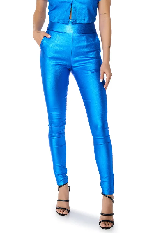 Cuffed flared pants for women in a retro - inspired styleAMMO X AKIRA BIG BOOTY HIGH WAIST FAUX LEATHER PANT IN BLUE Cuffed flared pants for women in a retro - inspired styleAMMO X AKIRA BIG BOOTY HIGH WAIST FAUX LEATHER PANT IN BLUE