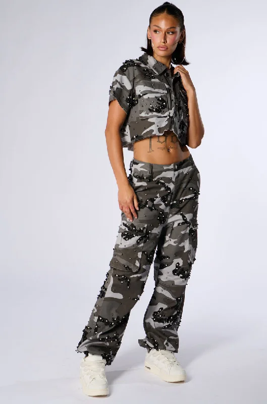 Wide leg cotton blend pants for women in a breathable and stylish styleAPPLY PRESSURE GREY CAMO CARGO PANT