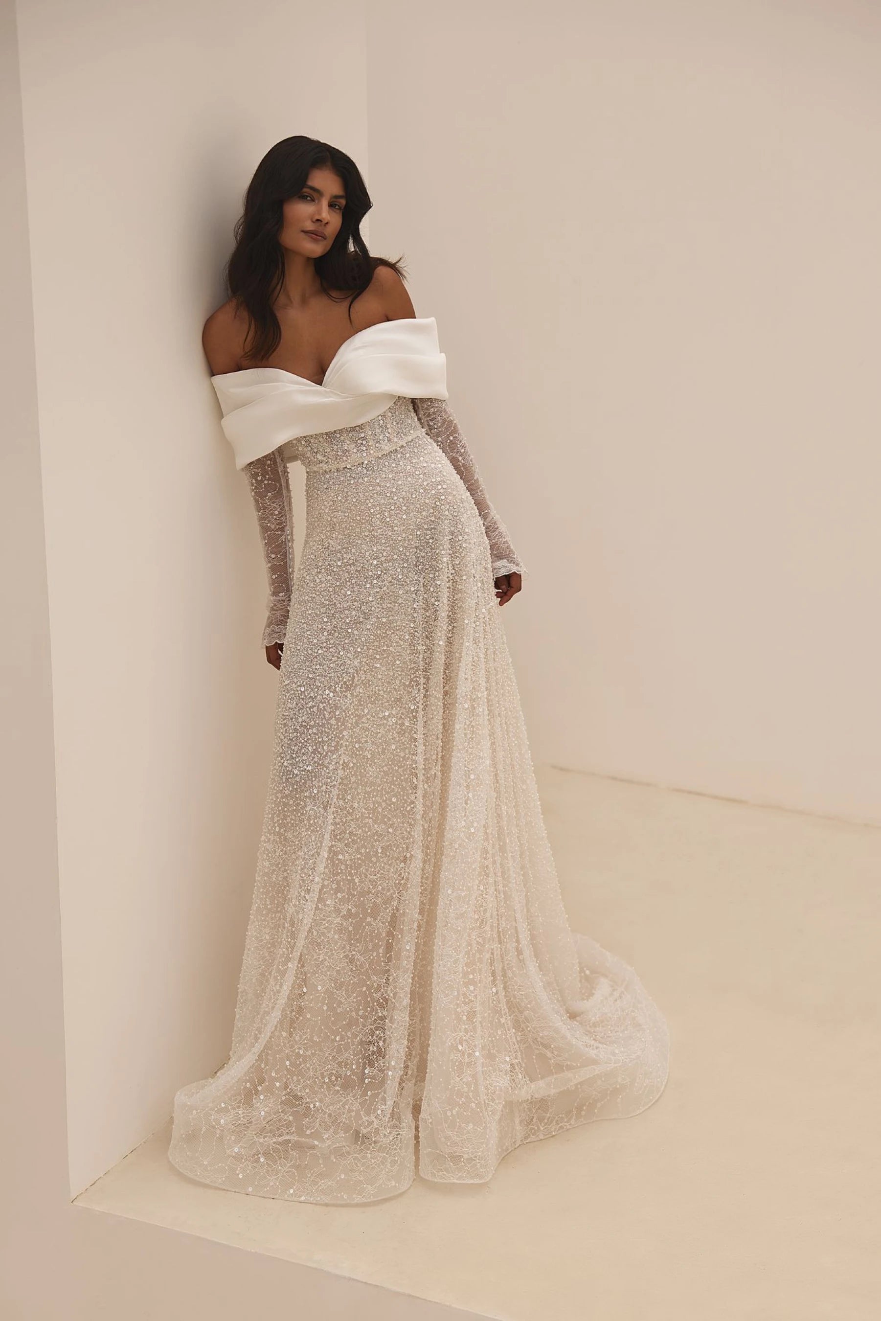 Wedding Dresses with Sequined Star Motifs and Sheer Sleeve and Ruffled Hem and Belt for a Celestial and Elegant LookArdent kiss Wedding Dresses with Sequined Star Motifs and Sheer Sleeve and Ruffled Hem and Belt for a Celestial and Elegant LookArdent kiss