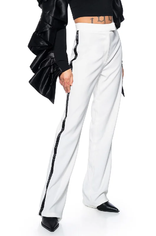Sequined wide leg jeans for women in a glamorous and party - ready styleLANTIS WHITE TROUSER WITH RIBBON SEAM
