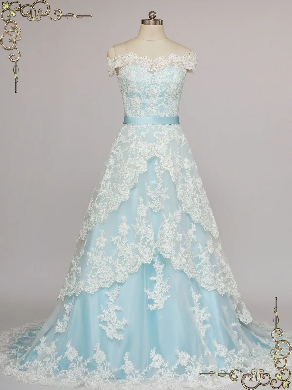 Wedding Dresses with Metallic Sequined Bodice and Chiffon Skirt and Sheer Back and Belt for a Glamorous and Sexy LookBlue Lace Wedding Dress with Tiered Lace Skirt MADELYN Wedding Dresses with Metallic Sequined Bodice and Chiffon Skirt and Sheer Back and Belt for a Glamorous and Sexy LookBlue Lace Wedding Dress with Tiered Lace Skirt MADELYN