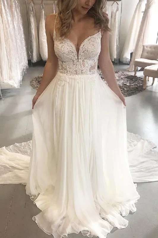 Wedding Dresses with Beaded Floral Wreath on the Bodice and High Low Hem and Belt for a Delicate and Dramatic LookBoho Long Spaghetti Strap A-line White Beach Wedding Dress Wedding Dresses with Beaded Floral Wreath on the Bodice and High Low Hem and Belt for a Delicate and Dramatic LookBoho Long Spaghetti Strap A-line White Beach Wedding Dress