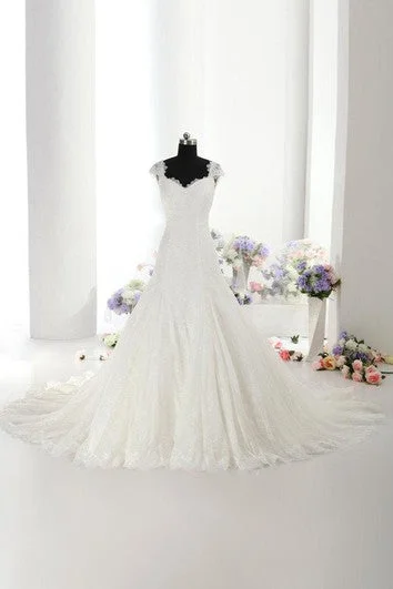 Wedding Dresses with Sequined Stripes and Sheer Back and Embroidered Birds and Belt for a Bold and Nature Inspired LookCap Sleeve Trumpet Lace Gown With Lace-Up Back Wedding Dresses with Sequined Stripes and Sheer Back and Embroidered Birds and Belt for a Bold and Nature Inspired LookCap Sleeve Trumpet Lace Gown With Lace-Up Back