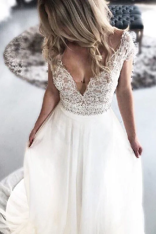 Ballroom Style Wedding Dresses with Beaded Belt and Long TrainLong Cap Sleeves A-line V-Neck White Wedding Dress with Lace