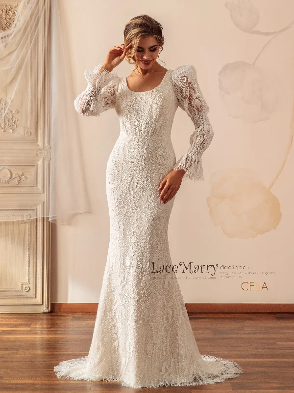 Wedding Dresses with Bell Sleeves and Ruffled Skirt for a Playful LookCELIA / Unique Lace Wedding Dress with Long Puff Sleeves Wedding Dresses with Bell Sleeves and Ruffled Skirt for a Playful LookCELIA / Unique Lace Wedding Dress with Long Puff Sleeves