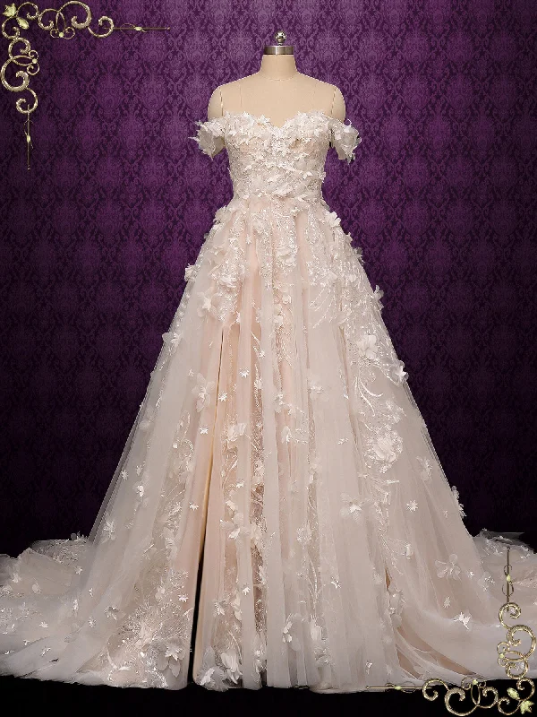 Mesh Paneled Wedding Dresses with Beaded Appliques for a Modern EdgeChampagne Lace Wedding Dress with Side Split CATRINE