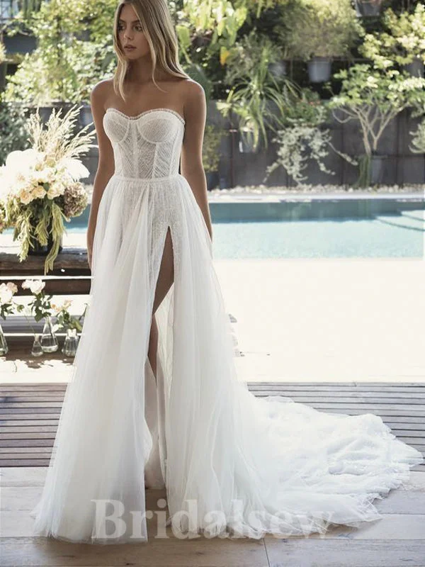 Contemporary geometric - print wedding dressCharming Elegant Best Vintage Dream Beach Slit Long Wedding Dresses, Bridal Gown WD463