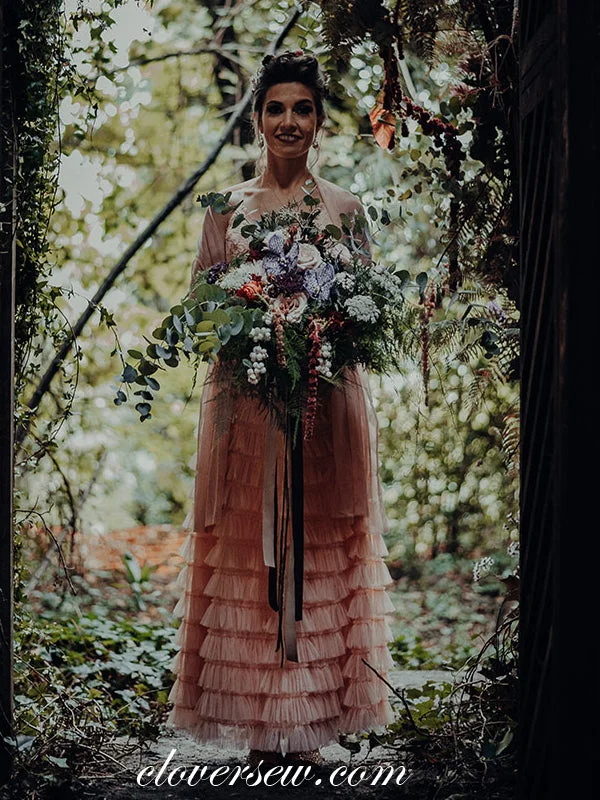 Empire Waist Wedding Dresses with Satin Ribbon for a Flattering FitCharming Peach Pink Spaghetti Strap Lace Tiered Tulle Wedding Dresses, CW0253 Empire Waist Wedding Dresses with Satin Ribbon for a Flattering FitCharming Peach Pink Spaghetti Strap Lace Tiered Tulle Wedding Dresses, CW0253