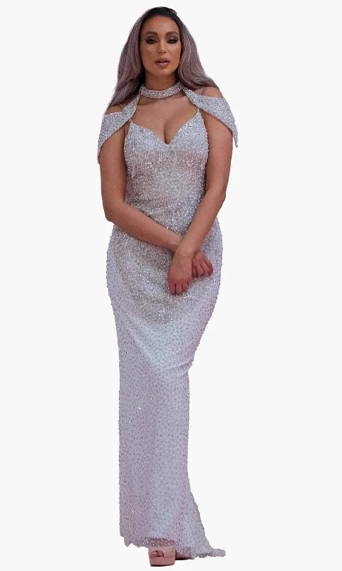 Wedding Dresses with Satin Trimmed Collar and Bow Back and Embroidered Skirt and Sequined Bodice and Belt and Embroidered Floral Patterns for a Classic and Glamorous LookChic and Holland BR1986 - High Neck Fitted Bridal Dress