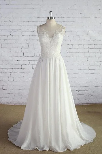 Wedding Dresses with Beaded Waistbands and Tiered Skirts and Lace Overlay for a Glamorous and Feminine LookChiffon Sleeveless Scoop Neck A-Line Dress With Lace Bodice and Low-V Back Wedding Dresses with Beaded Waistbands and Tiered Skirts and Lace Overlay for a Glamorous and Feminine LookChiffon Sleeveless Scoop Neck A-Line Dress With Lace Bodice and Low-V Back