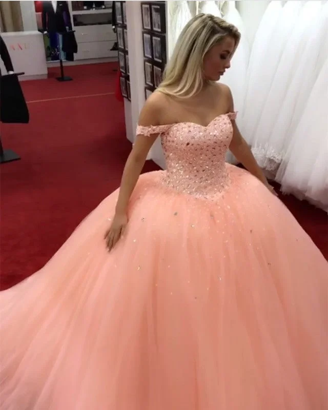 Wedding Dresses with Bell Sleeves and Ruffled Skirt for a Playful LookCrystal Beaded Sweetheart Off Shoulder Ball Gowns Coral Wedding Dresses Wedding Dresses with Bell Sleeves and Ruffled Skirt for a Playful LookCrystal Beaded Sweetheart Off Shoulder Ball Gowns Coral Wedding Dresses