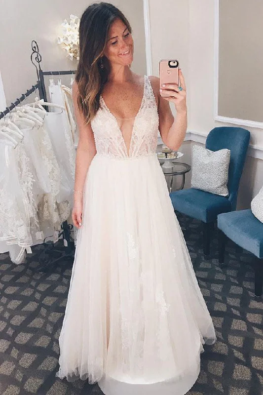 Sleeveless Wedding Dresses with Embroidered Neckline for an Elegant LookLong Illusion V Neck A-line Ivory Wedding Dress with Lace Sleeveless Wedding Dresses with Embroidered Neckline for an Elegant LookLong Illusion V Neck A-line Ivory Wedding Dress with Lace