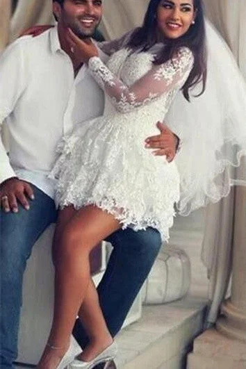 A Line Satin Wedding Dresses with Lace Appliques for Slim LadiesDelicate Lace Appliques Short White Homecoming Dress Long Sleeve A Line Satin Wedding Dresses with Lace Appliques for Slim LadiesDelicate Lace Appliques Short White Homecoming Dress Long Sleeve