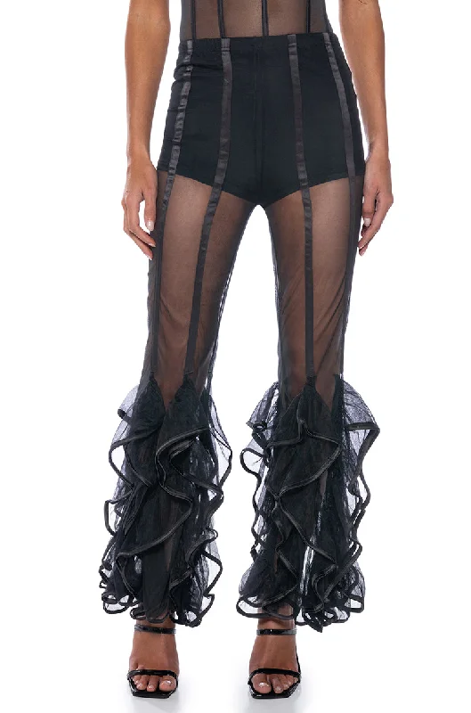 Floral embroidered pants for women in a delicate designDISCO DIVA RUFFLED MESH PANT Floral embroidered pants for women in a delicate designDISCO DIVA RUFFLED MESH PANT