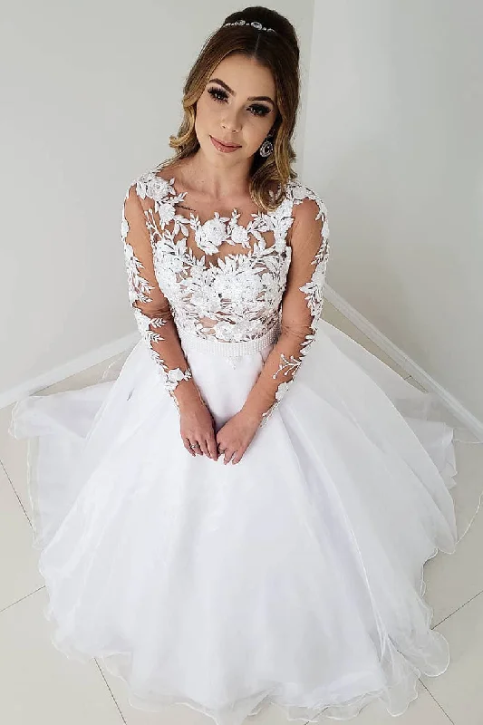 Satin - and - lace combination wedding dressPrincess A-line Long Sleeves White Wedding Dress with Belt