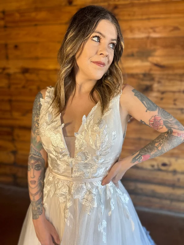 Wedding Dresses with Sequined Hearts and Ruffled Hem and Satin and Lace Combo and Bow at the Waist and Embroidered Floral Patterns and Belt for a Romantic and Sweet LookEllie Wedding Dress Wedding Dresses with Sequined Hearts and Ruffled Hem and Satin and Lace Combo and Bow at the Waist and Embroidered Floral Patterns and Belt for a Romantic and Sweet LookEllie Wedding Dress