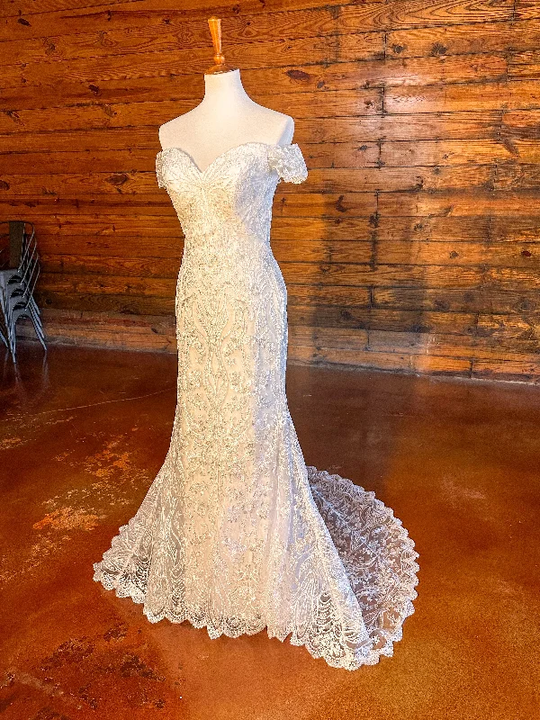 Wedding Dresses with Sequined Geometric Shapes and Lace and Chiffon Blend and Ruffled Sleeves and Belt for a Modern and Dramatic LookEmma Wedding Dress Wedding Dresses with Sequined Geometric Shapes and Lace and Chiffon Blend and Ruffled Sleeves and Belt for a Modern and Dramatic LookEmma Wedding Dress