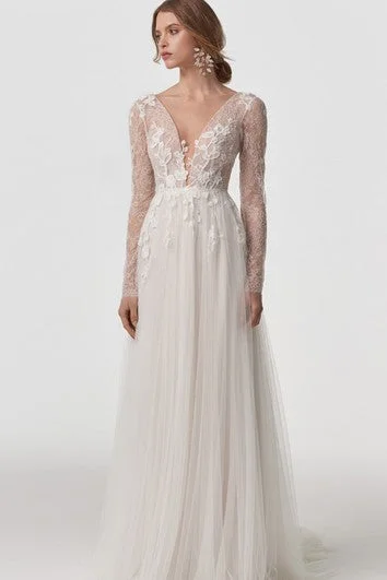 Sleeve - less wedding dress for a summer weddingEthereal V-neck Lace Tulle A Line Long Sleeve Floor-length Sweep Train Wedding Dress with Appliques