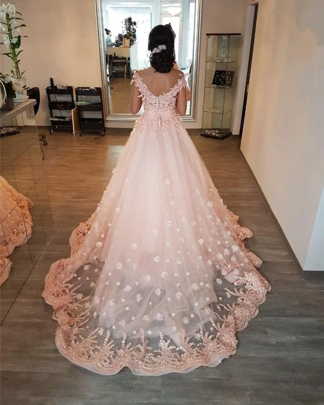 One Shoulder Wedding Dresses with Ruffled Sleeve for a Dramatic EffectGorgeous Lace Embroidery V-neck Off Shoulder Tulle Peach Wedding Dresses One Shoulder Wedding Dresses with Ruffled Sleeve for a Dramatic EffectGorgeous Lace Embroidery V-neck Off Shoulder Tulle Peach Wedding Dresses