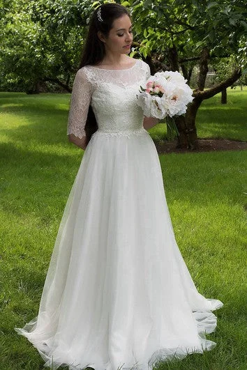 Wedding Dresses with Ruffled Sleeveless Top and Sequined Bodice and Tulle Skirt and Beaded Waistband and Bow at the Back and Embroidered Floral Patterns for a Dramatic and Glamorous LookHalf Sleeve Lace and Tulle Dress With Bateau Neckline and Illusion Back Wedding Dresses with Ruffled Sleeveless Top and Sequined Bodice and Tulle Skirt and Beaded Waistband and Bow at the Back and Embroidered Floral Patterns for a Dramatic and Glamorous LookHalf Sleeve Lace and Tulle Dress With Bateau Neckline and Illusion Back