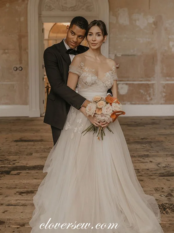 Crochet - detail bohemian wedding dressIllusion Neck Short Sleeves Tulle Applique A-line Elegant Wedding Dresses, CW0294