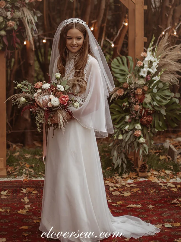 Chiffon Wedding Dresses with Slit and Embroidered Hem for Added EleganceIvory Chiffon Lace High Neck Long Sleeves Two Piece Wedding Dresses, CW0255 Chiffon Wedding Dresses with Slit and Embroidered Hem for Added EleganceIvory Chiffon Lace High Neck Long Sleeves Two Piece Wedding Dresses, CW0255