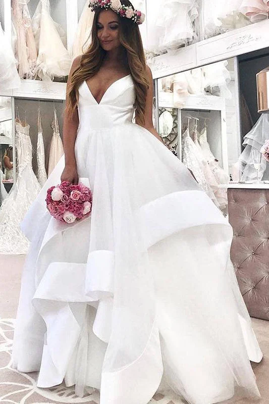 Sheath Style Silk Wedding Dresses with V Neck for a Sophisticated LookLong V-Neck A-line Straps White Wedding Dress with Ruffles Sheath Style Silk Wedding Dresses with V Neck for a Sophisticated LookLong V-Neck A-line Straps White Wedding Dress with Ruffles