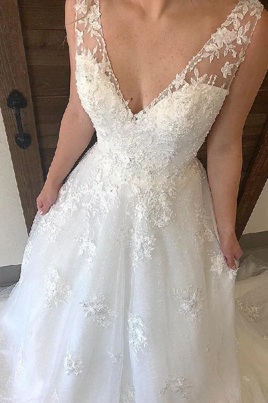 Wedding Dresses with Ruffled Sleeves and High Neck and Belt for a Dramatic and Elegant LookIvory V-Neck Appliques Long Bridal Gown with Open Back Wedding Dresses with Ruffled Sleeves and High Neck and Belt for a Dramatic and Elegant LookIvory V-Neck Appliques Long Bridal Gown with Open Back