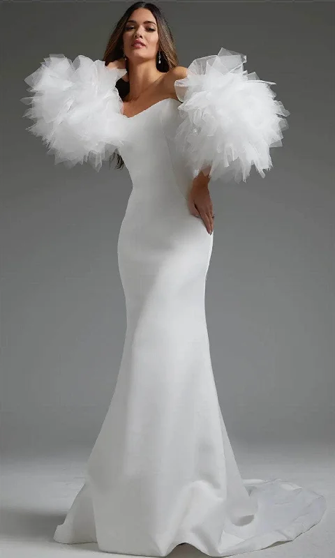 Wedding Dresses with Sheer Panels and Sequined Trim and Belt for a Sultry and Sparkly LookJovani JB40601 - Detachable Ruffled Sleeve Bridal Gown Wedding Dresses with Sheer Panels and Sequined Trim and Belt for a Sultry and Sparkly LookJovani JB40601 - Detachable Ruffled Sleeve Bridal Gown