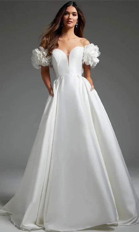 Halter Neck Wedding Dresses with High Low Hem for a Modern TwistJovani JB40795 - Off Shoulder Pleated A-Line Bridal Gown Halter Neck Wedding Dresses with High Low Hem for a Modern TwistJovani JB40795 - Off Shoulder Pleated A-Line Bridal Gown
