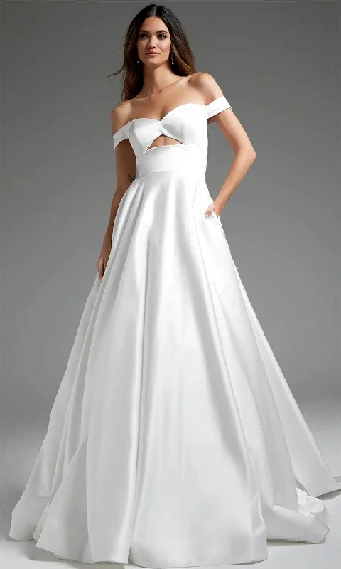 Wedding Dresses with Pleated Tulle Skirt and Sequined Geometric Shapes and Lace Overlay and Bow at the Waist for a Princess and Feminine LookJovani JB42626 - Off Shoulder Front Cutout Bridal Gown Wedding Dresses with Pleated Tulle Skirt and Sequined Geometric Shapes and Lace Overlay and Bow at the Waist for a Princess and Feminine LookJovani JB42626 - Off Shoulder Front Cutout Bridal Gown