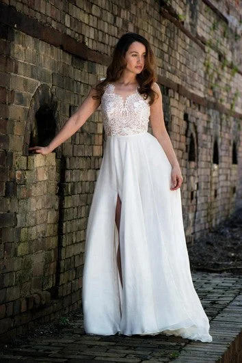 Long Train Wedding Dresses with Crystal Buttons and Lace Trim for a Grand EntranceLace and Chiffon Sleeveless A-Line Dress With Side Slit and V-Neck Long Train Wedding Dresses with Crystal Buttons and Lace Trim for a Grand EntranceLace and Chiffon Sleeveless A-Line Dress With Side Slit and V-Neck