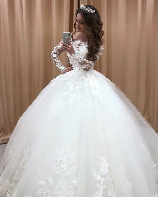 Wedding Dresses with Embroidered Stars and Sequined Dots and Sheer Sleeve and Belt and Embroidered Floral Patterns for a Celestial and Playful LookLace Off The Shoulder Tulle Ball Gowns Wedding Dresses Long Sleeves