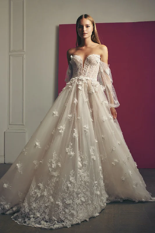 Wedding Dresses with Satin and Lace Trimmed Neckline and Ruffled Sleeves and Embroidered Skirt and Bow at the Back and Belt for a Sophisticated and Girly LookLake Wedding Dresses with Satin and Lace Trimmed Neckline and Ruffled Sleeves and Embroidered Skirt and Bow at the Back and Belt for a Sophisticated and Girly LookLake