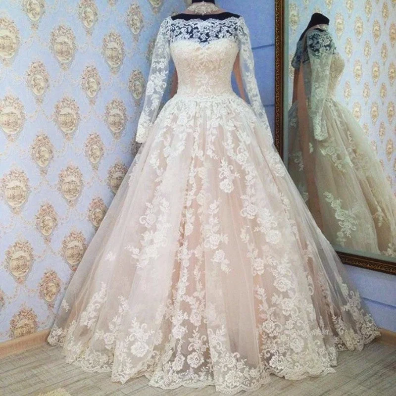Wedding Dresses with Embroidered Stars and Sequined Dots and Sheer Sleeve and Belt and Embroidered Floral Patterns for a Celestial and Playful LookLong Sleeves Ball Gowns Lace Wedding Dress Champagne