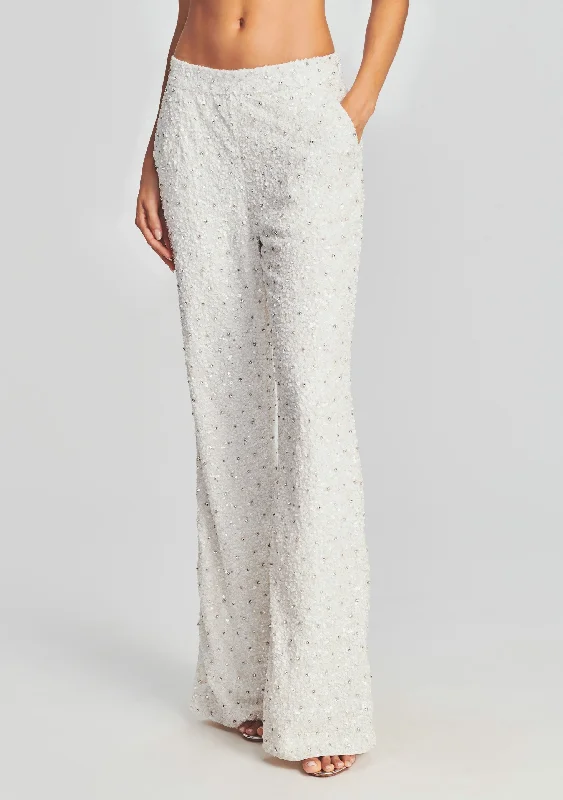 Wedding Dresses with High Low Sheer Skirt and Embroidered Birds and Sequined Floral Motifs for a Nature Inspired and Dramatic LookLyra Sequin Pant Wedding Dresses with High Low Sheer Skirt and Embroidered Birds and Sequined Floral Motifs for a Nature Inspired and Dramatic LookLyra Sequin Pant