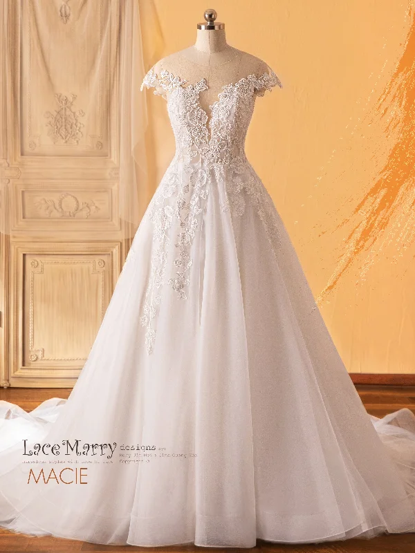 Wedding Dresses with Sequined Fringe and Tulle Overlay and High Low Hem for a Dazzling and Playful LookMACIE / A Line Wedding Dress with Illusion Plunge Neckline Wedding Dresses with Sequined Fringe and Tulle Overlay and High Low Hem for a Dazzling and Playful LookMACIE / A Line Wedding Dress with Illusion Plunge Neckline