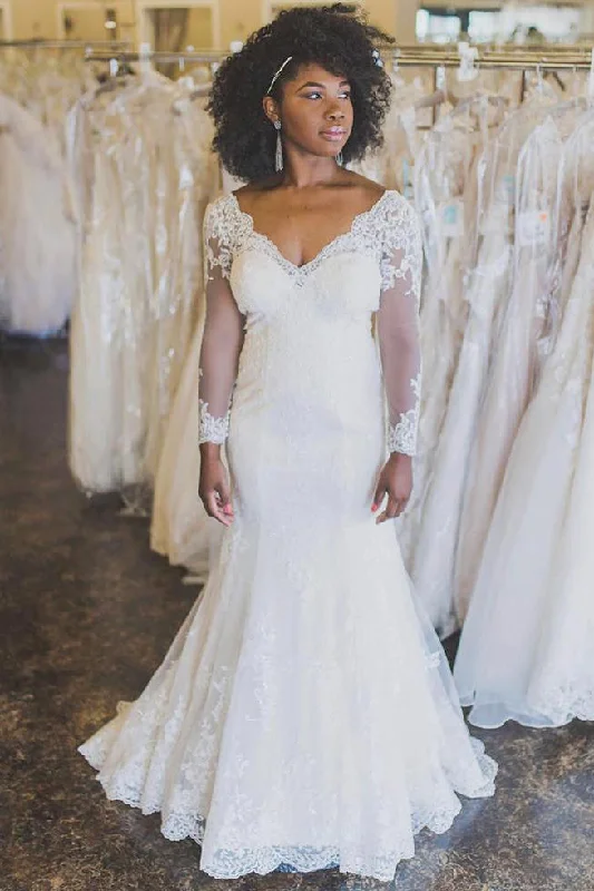 Wedding Dresses with Beaded Floral Wreath on the Bodice and High Low Hem and Belt for a Delicate and Dramatic LookLong Sleeves Mermaid V Back Ivory Wedding Dress with Appliques Wedding Dresses with Beaded Floral Wreath on the Bodice and High Low Hem and Belt for a Delicate and Dramatic LookLong Sleeves Mermaid V Back Ivory Wedding Dress with Appliques
