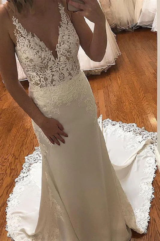 Plus Size Trumpet Style Wedding Dresses with Beaded BodiceSheath Long V-Neck Mermaid Ivory Wedding Dress with Lace Plus Size Trumpet Style Wedding Dresses with Beaded BodiceSheath Long V-Neck Mermaid Ivory Wedding Dress with Lace