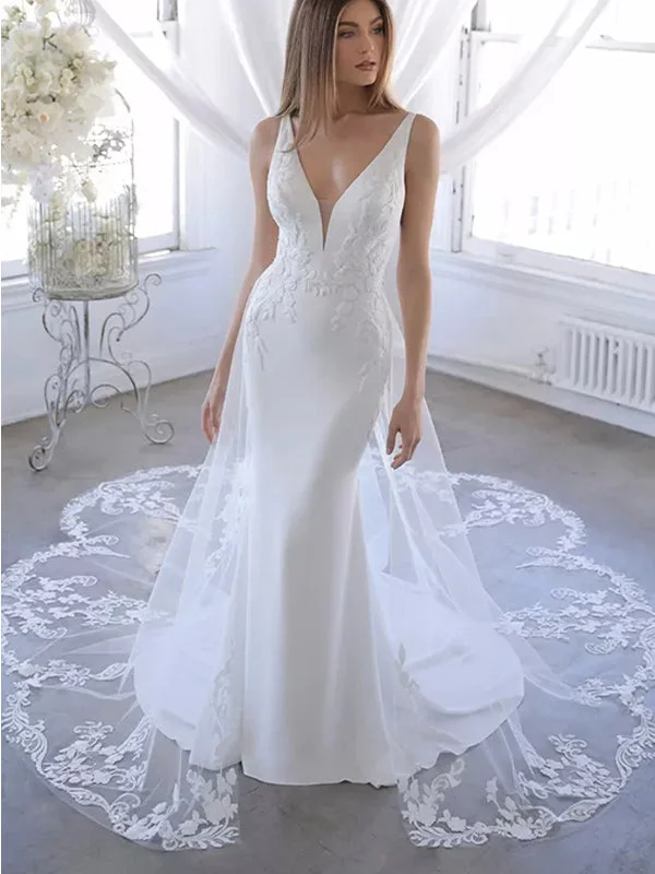 Wedding Dresses with Lace Insertions on the Skirt and Beaded Waistband and Ruffled Hem and Bow at the Waist for a Feminine and Flirty LookMermaid Sleeveless V-Neck Luxurious Beach Vintage Long Wedding Dresses WD375