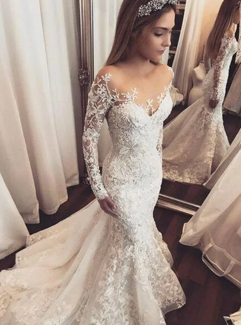 Wedding Dresses with Pleated Skirts and Lace Overlay and Bow at the Back for a Feminine and Timeless LookMermaid Tulle Wedding Dresses Sheer Long Sleeve Lace Appliques Gorgeous prom Dress cg18549 Wedding Dresses with Pleated Skirts and Lace Overlay and Bow at the Back for a Feminine and Timeless LookMermaid Tulle Wedding Dresses Sheer Long Sleeve Lace Appliques Gorgeous prom Dress cg18549